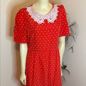 SHEIN Red Heart Print Midi Dress with Lace Collar